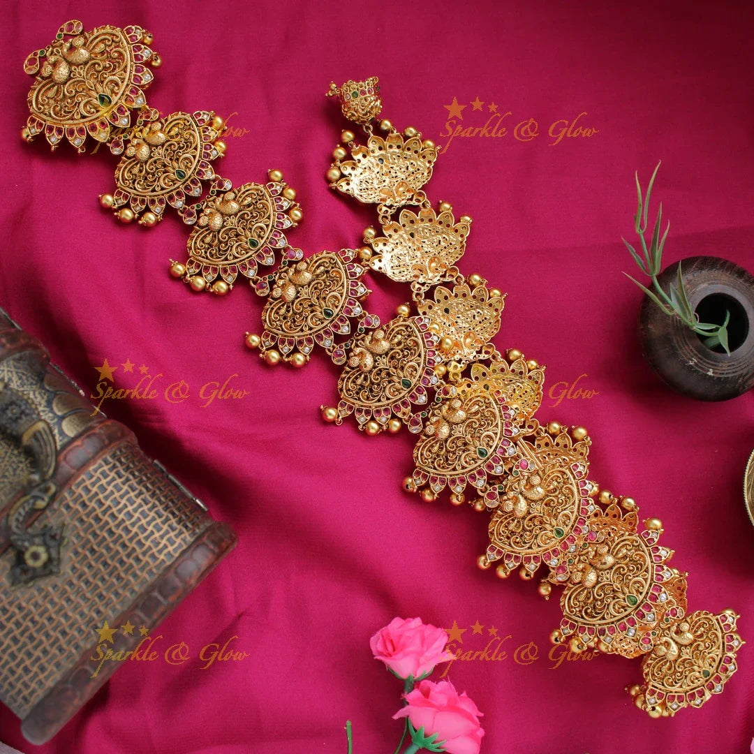 Exclusive Gold Alike intricately carved Peacock and floral design Long Bridal Jada billa with Gold beads - Sparkle and Glow