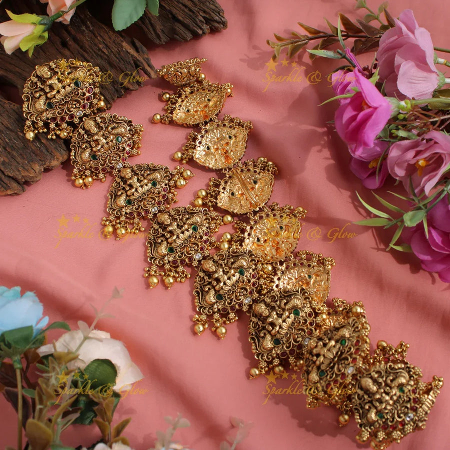Gorgeous Gold Alike intricately carved Lakshmi and Peacock Long Bridal Jada billa with Gold beads - Sparkle and Glow