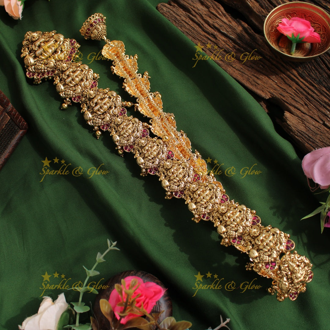 Exclusive Gold Alike intricately carved Lakshmi with Peacock and Elephant Long Bridal Jada billa with Gold beads
