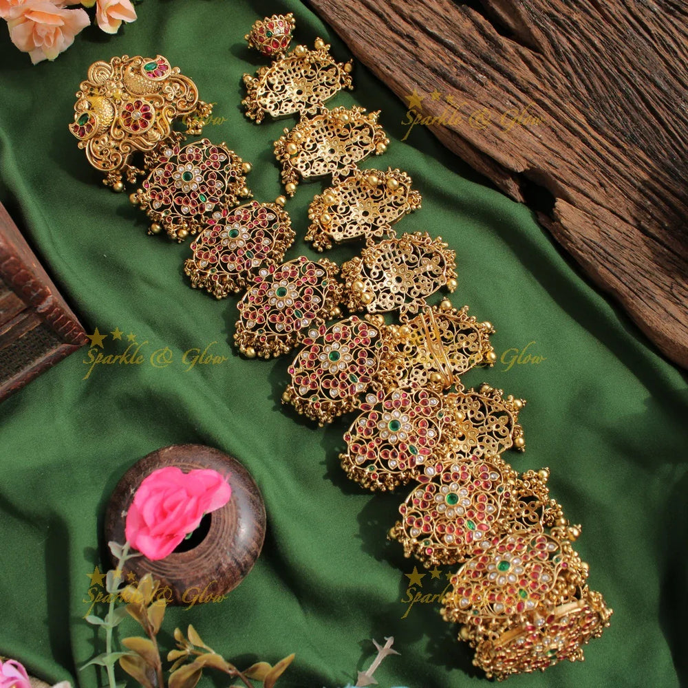Exclusive Gold Alike intricately carved Peacock and floral design Long Bridal Jada billa with Gold beads - Sparkle and Glow