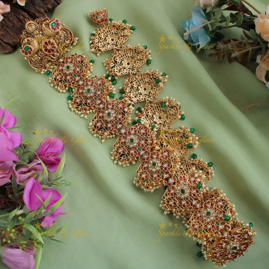 Exclusive Gold Alike intricately carved Peacock and floral design Long Bridal Jada billa with Gold beads - Sparkle and Glow
