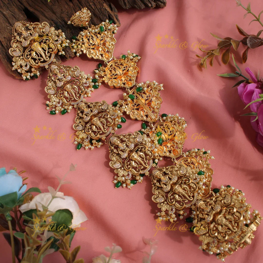 Gorgeous Gold Alike Parvati and Genesha with Peacock Long Bridal Jada billa with AD stone-Gold beads - Sparkle and Glow
