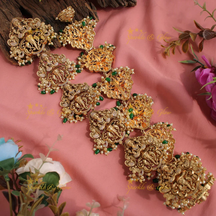 Gorgeous Gold Alike Parvati and Genesha with Peacock Long Bridal Jada billa with AD stone-Gold beads - Sparkle and Glow