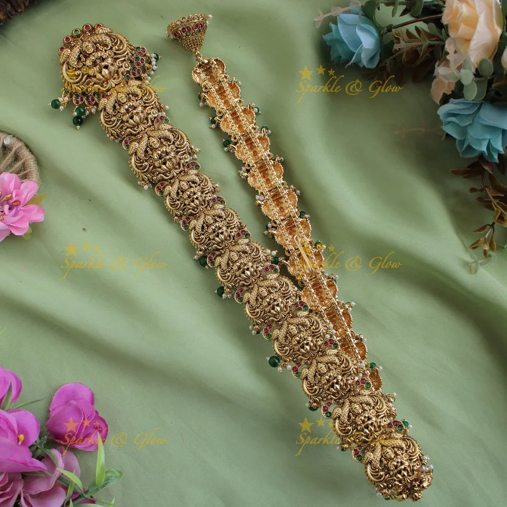 Gorgeous Gold Alike intricately carved Lakshmi and Peacock Long Bridal Jada billa with Gold beads - Sparkle and Glow