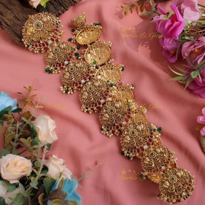 Beautiful Gold Alike intricately carved Peacock Long Bridal Jada billa with Gold beads - Sparkle and Glow