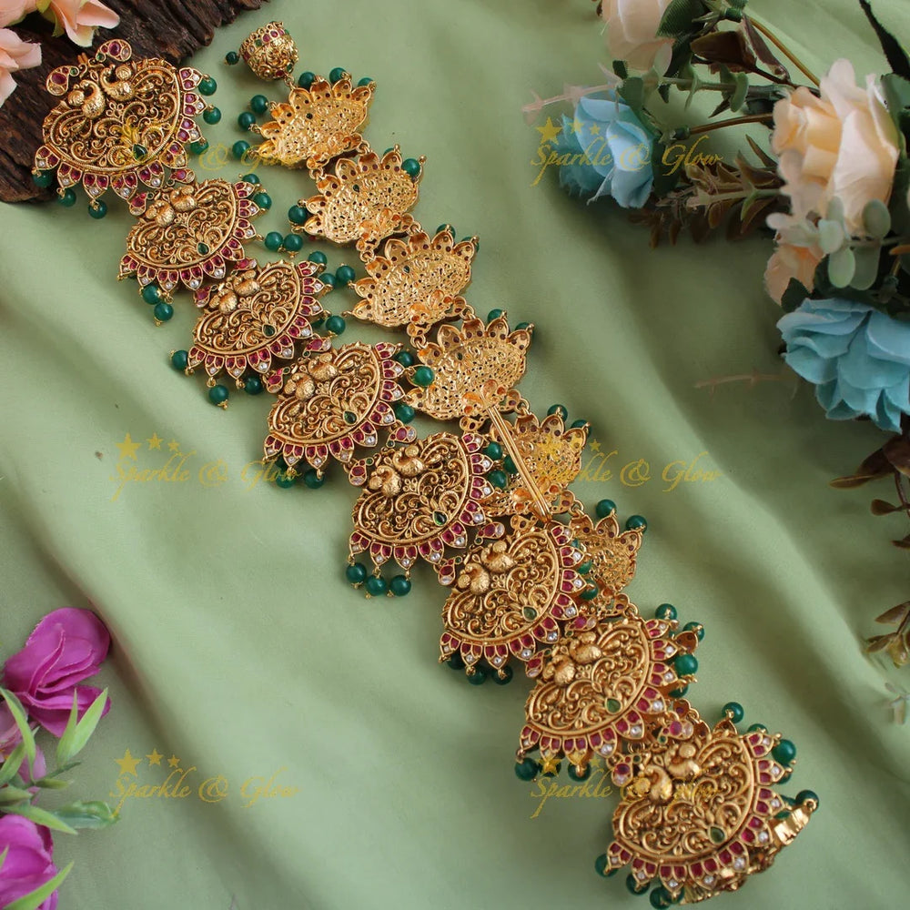 Exclusive Gold Alike intricately carved Peacock and floral design Long Bridal Jada billa with Gold beads - Sparkle and Glow