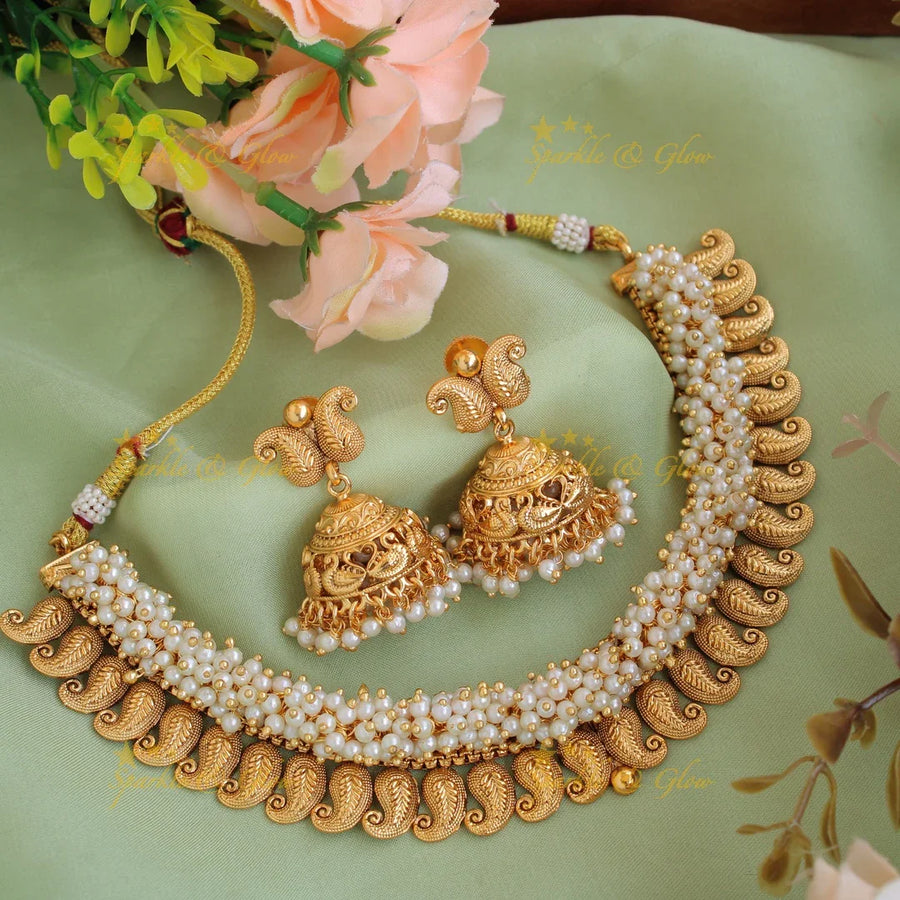 Statement Mango design short necklace with pearl cluster - Sparkle and Glow