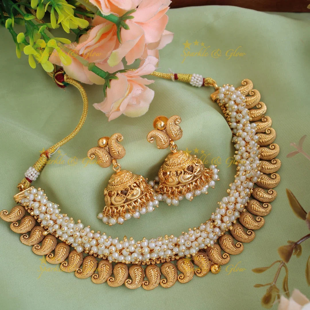Statement Mango design short necklace with pearl cluster - Sparkle and Glow