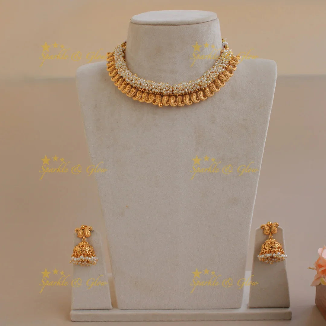 Statement Mango design short necklace with pearl cluster - Sparkle and Glow
