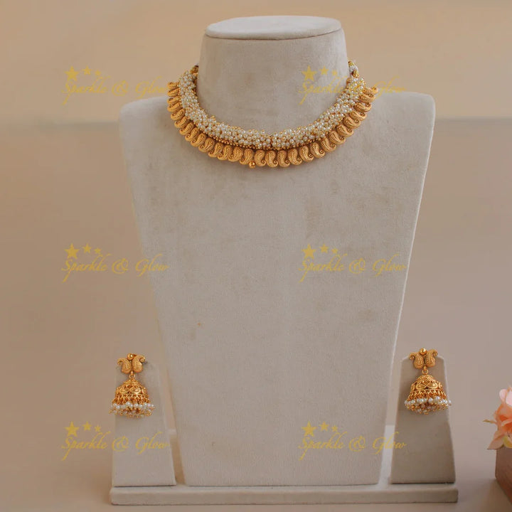 Statement Mango design short necklace with pearl cluster - Sparkle and Glow