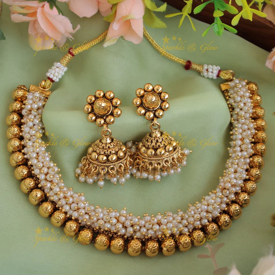 Stunning gold beads short necklace with pearl cluster - Sparkle and Glow