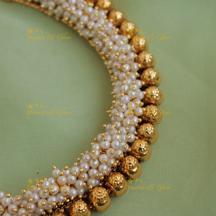 Stunning gold beads short necklace with pearl cluster - Sparkle and Glow