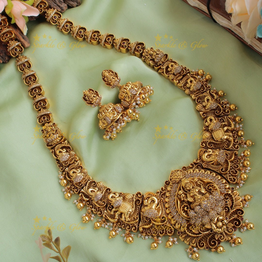 Gorgeous Lakshmi elephant carved long necklace with CZ stones and gold beads - Sparkle and Glow - Back Thread - 