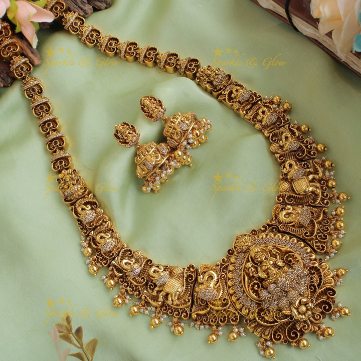 Gorgeous Lakshmi elephant carved long necklace with CZ stones and gold beads - Sparkle and Glow - Back Thread - 