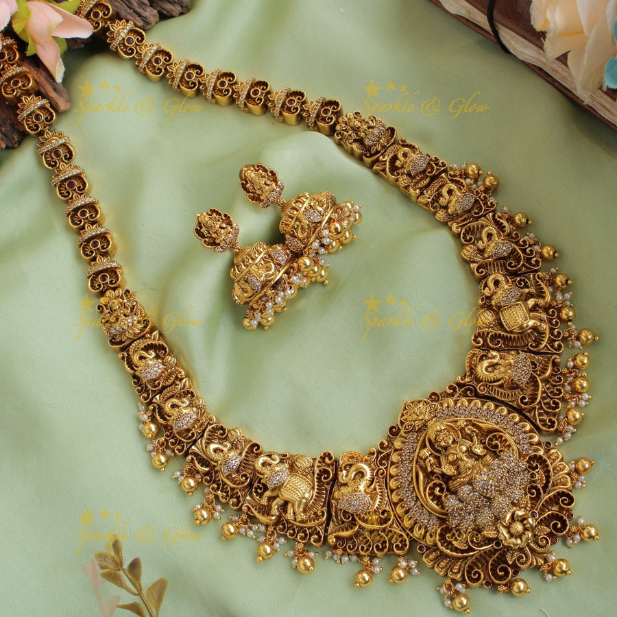 Gorgeous Lakshmi elephant carved long necklace with CZ stones and gold beads - Sparkle and Glow - Back Thread - 