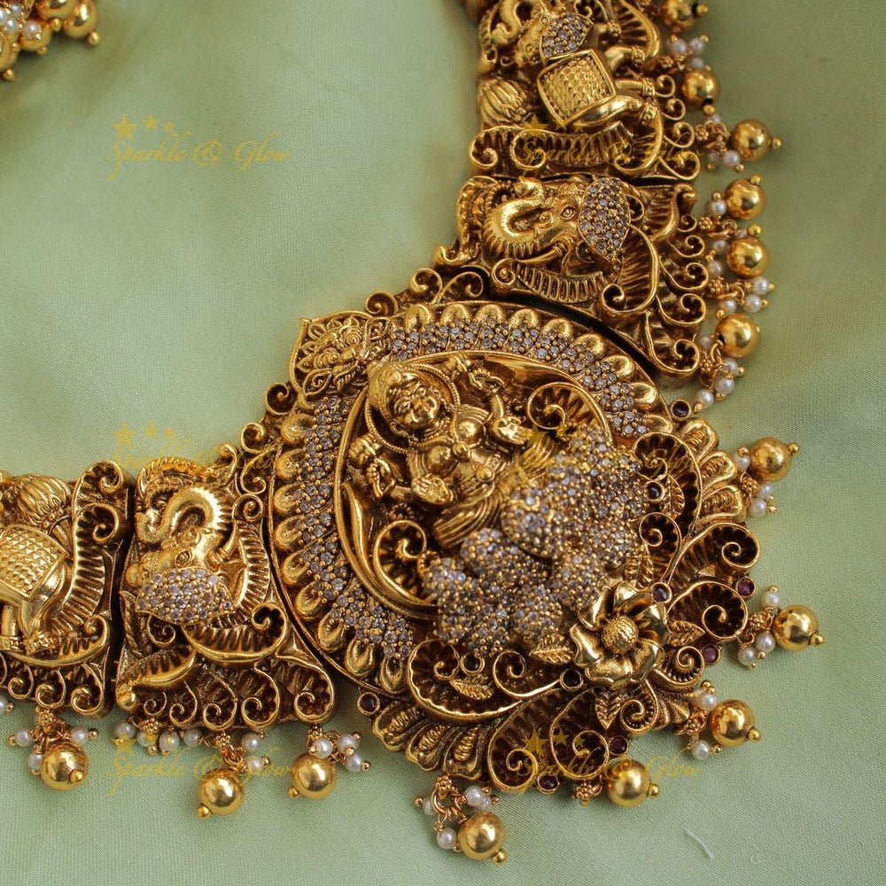 Gorgeous Lakshmi elephant carved long necklace with CZ stones and gold beads - Sparkle and Glow - Back Thread - 