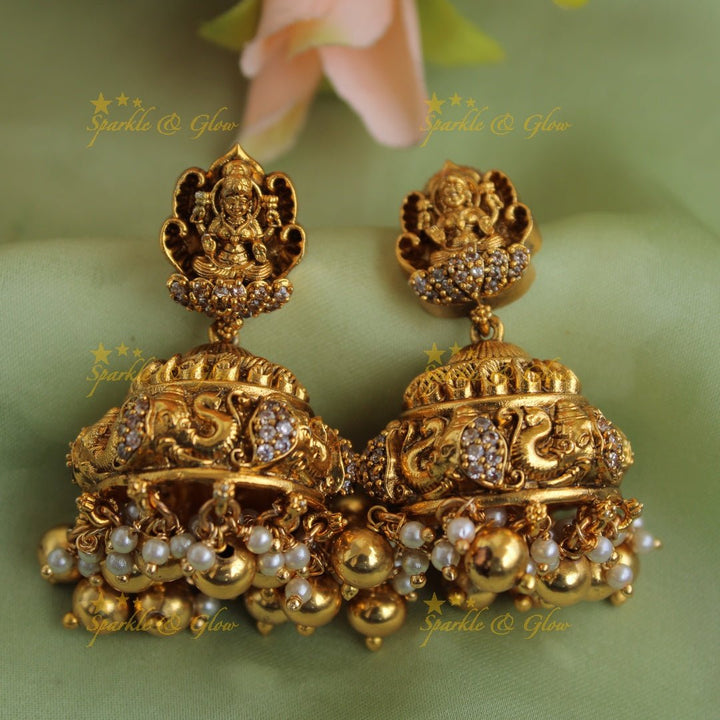 Gorgeous Lakshmi elephant carved long necklace with CZ stones and gold beads - Sparkle and Glow - Back Thread - 