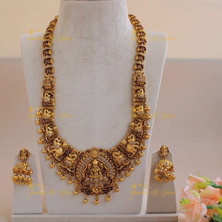 Gorgeous Lakshmi elephant carved long necklace with CZ stones and gold beads - Sparkle and Glow - Back Thread - 