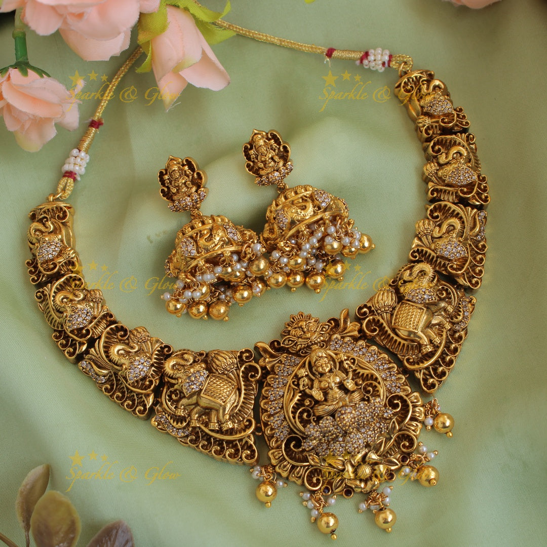Grand Lakshmi elephant carved short necklace with CZ stones and gold beads