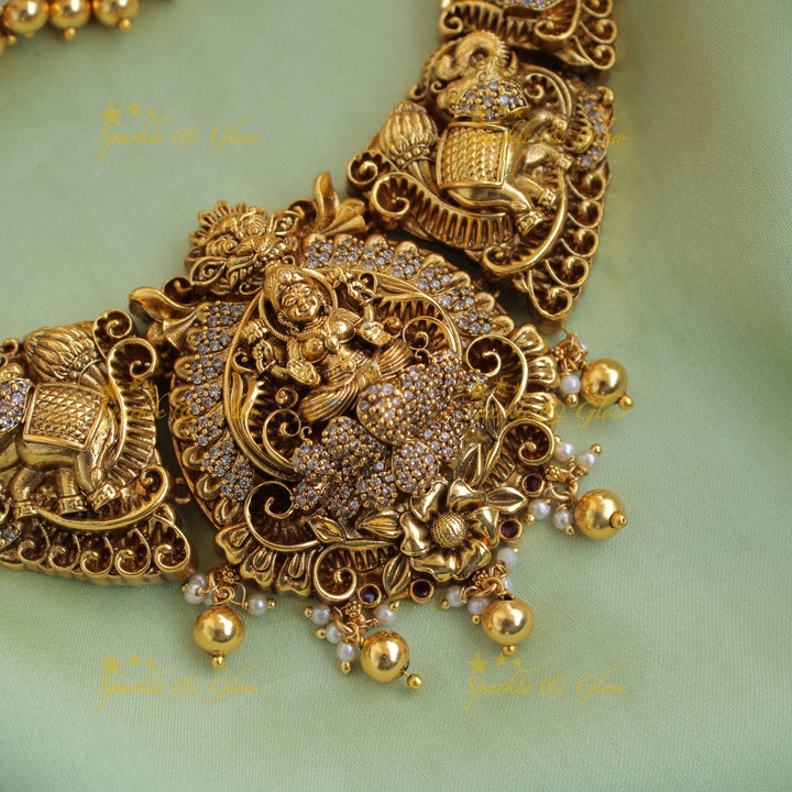 Grand Lakshmi elephant carved short necklace with CZ stones and gold beads