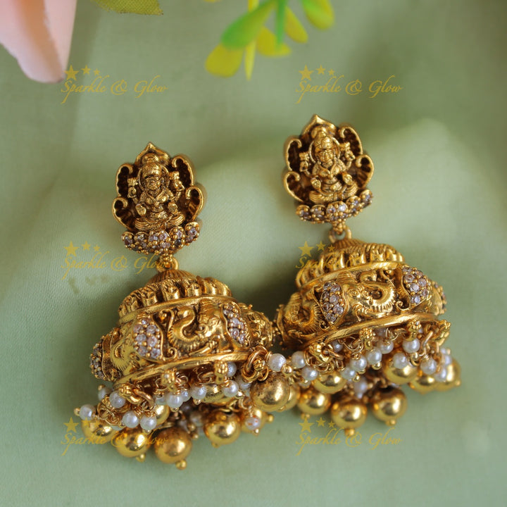 Grand Lakshmi elephant carved short necklace with CZ stones and gold beads