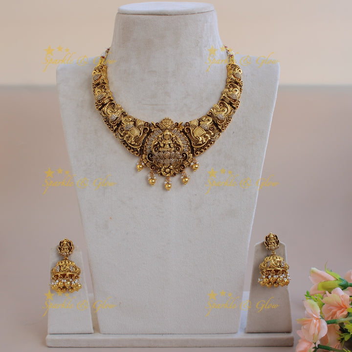 Grand Lakshmi elephant carved short necklace with CZ stones and gold beads