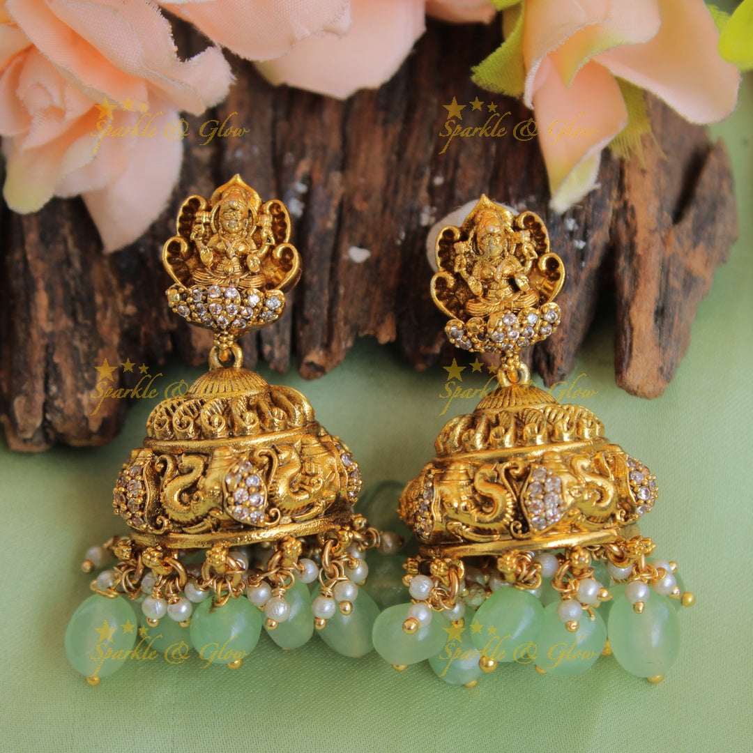 Gorgeous Lakshmi elephant carved long necklace with CZ stones and mint green beads