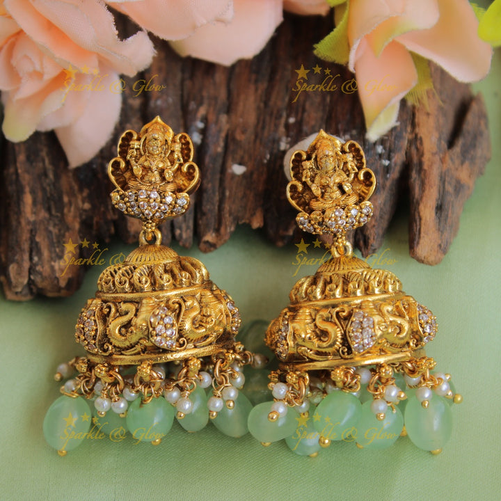 Gorgeous Lakshmi elephant carved long necklace with CZ stones and mint green beads
