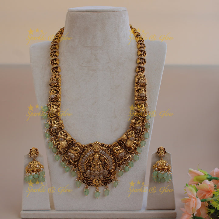 Gorgeous Lakshmi elephant carved long necklace with CZ stones and mint green beads