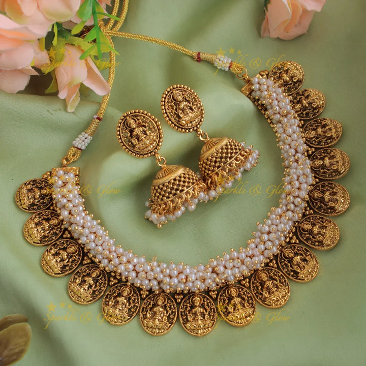 Statement Lakshmi coin short necklace with gold beads cluster - Sparkle and Glow