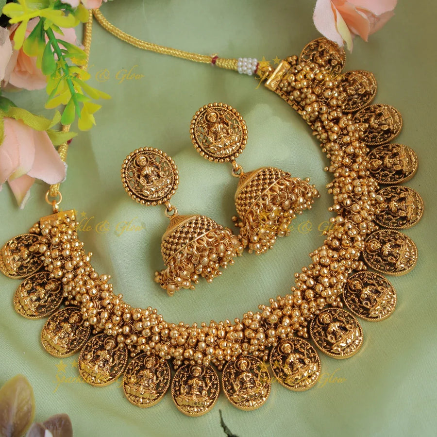 Statement Lakshmi coin short necklace with gold beads cluster - Sparkle and Glow