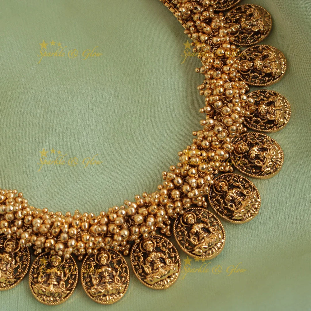 Statement Lakshmi coin short necklace with gold beads cluster - Sparkle and Glow
