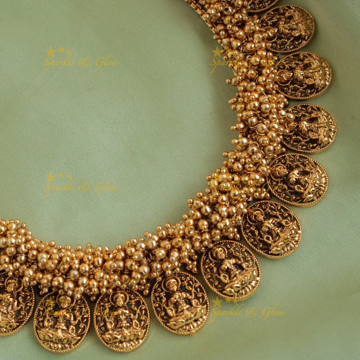 Statement Lakshmi coin short necklace with gold beads cluster - Sparkle and Glow