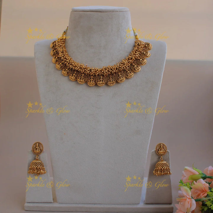 Statement Lakshmi coin short necklace with gold beads cluster - Sparkle and Glow