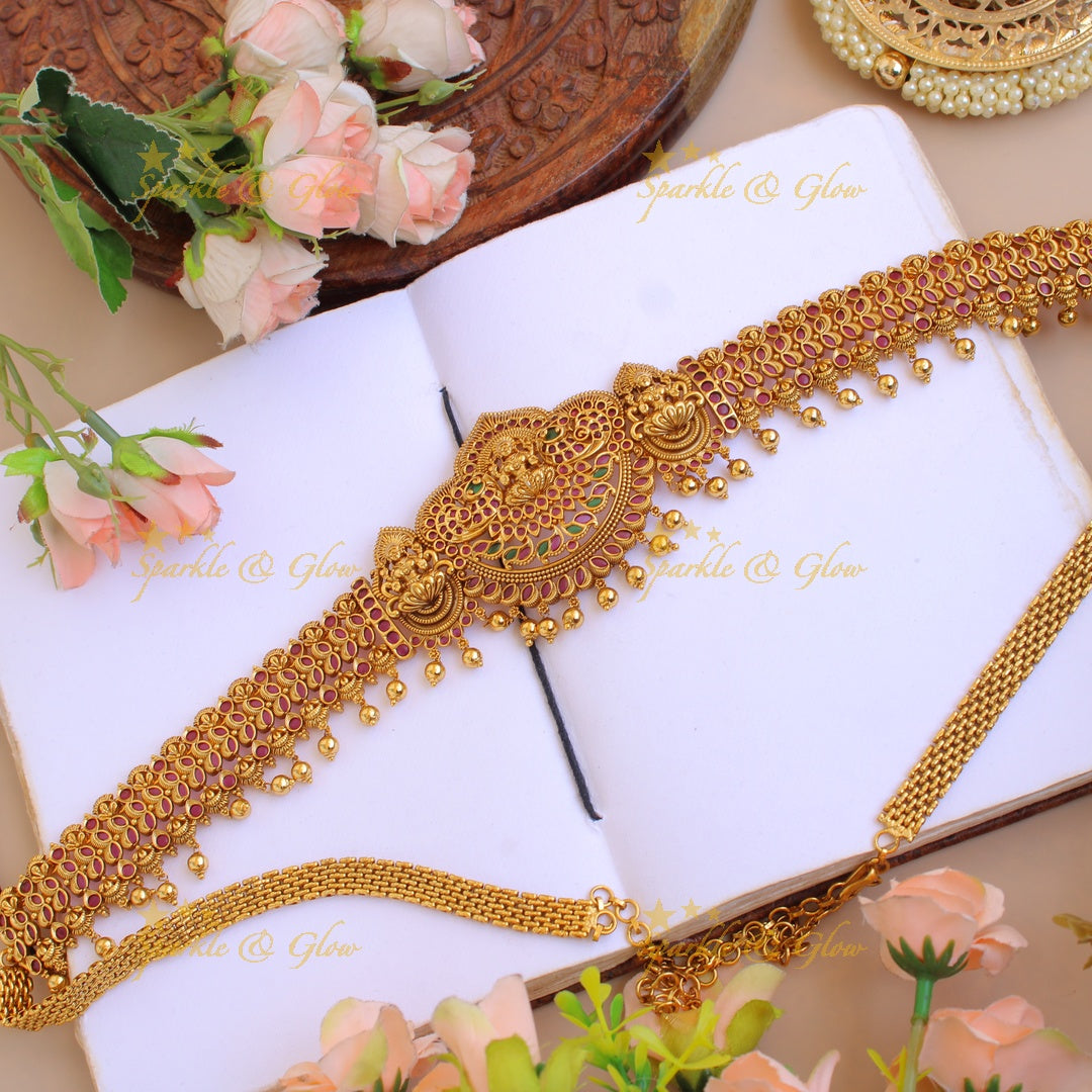 Premium matt Lakshmi peacock leaflet design hipchain with ruby and gold beads
