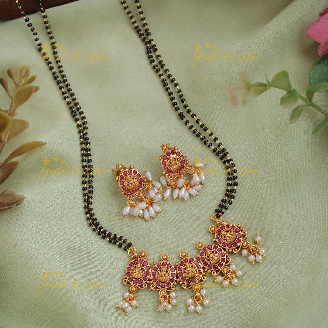 Gold Alike black beads chain with Lakshmi Pendent with ruby emerald and rice pearls - multi - Sparkle and Glow