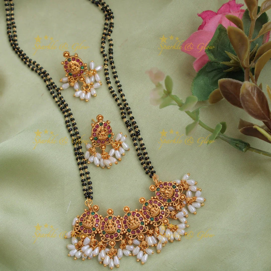 Gold Alike black beads chain with Lakshmi Pendent with ruby emerald and rice pearls - multi - Sparkle and Glow