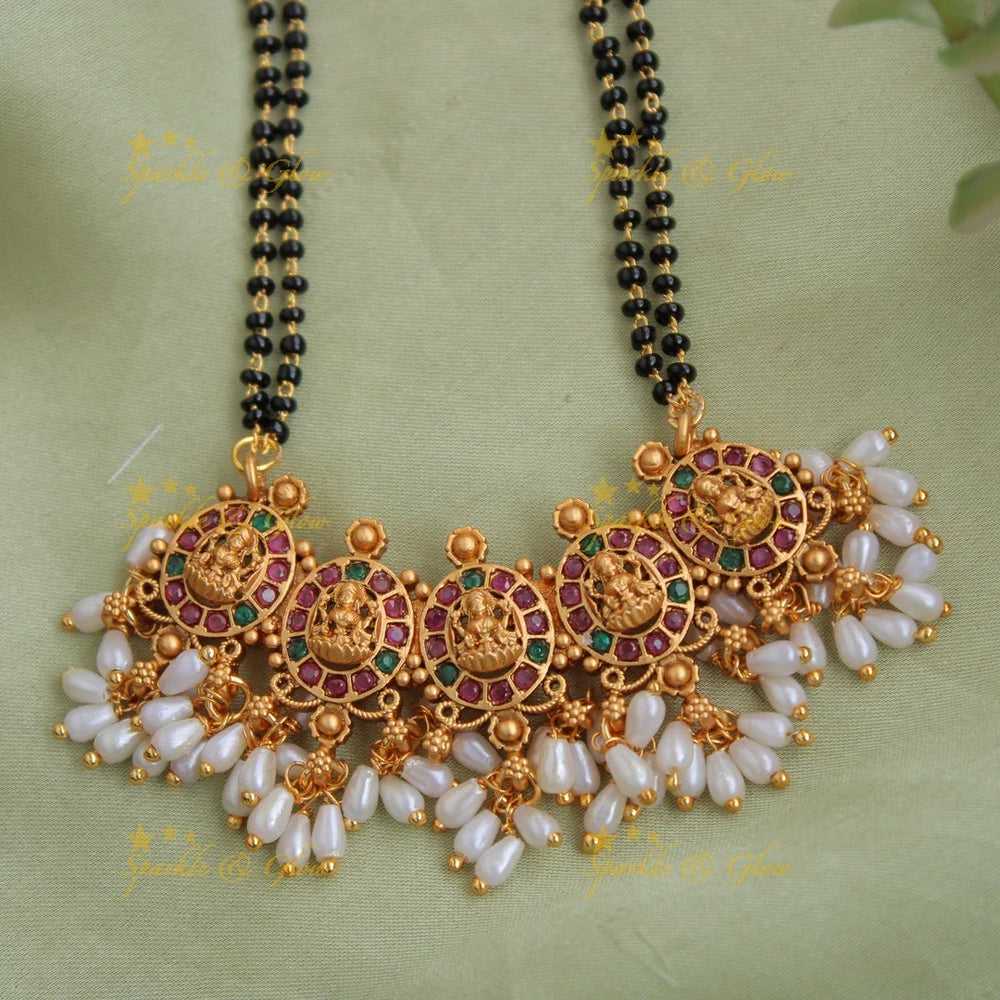 Gold Alike black beads chain with Lakshmi Pendent with ruby emerald and rice pearls - multi - Sparkle and Glow