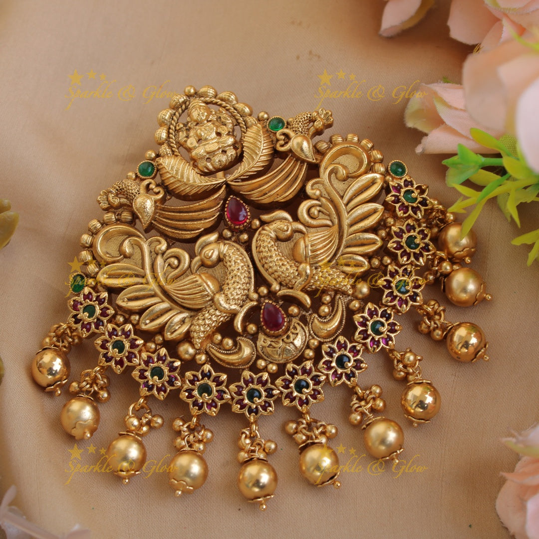 Elegant Lakshmi peacock carved hair clip with gold beads
