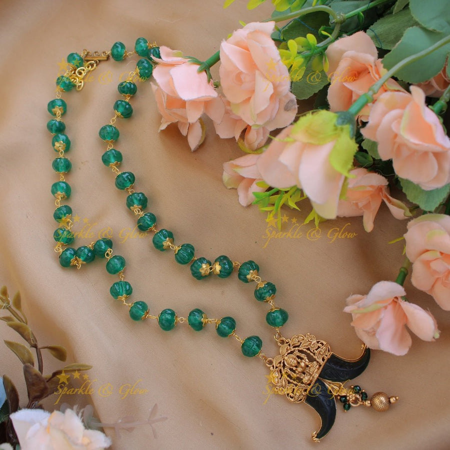 Gorgeous Lakshmi carved double Puliguru pendent with green beads chain - Sparkle and Glow - Back Thread - 
