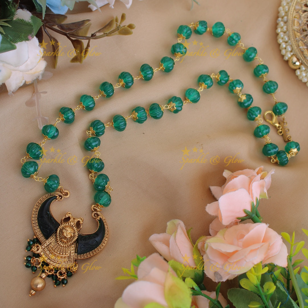Exclusive Lion face carved double Puliguru pendent with pearl chain  - white small
