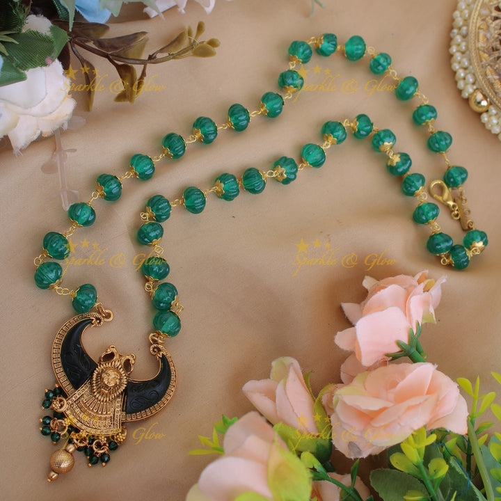 Exclusive Lion face carved double Puliguru pendent with pearl chain  - white small