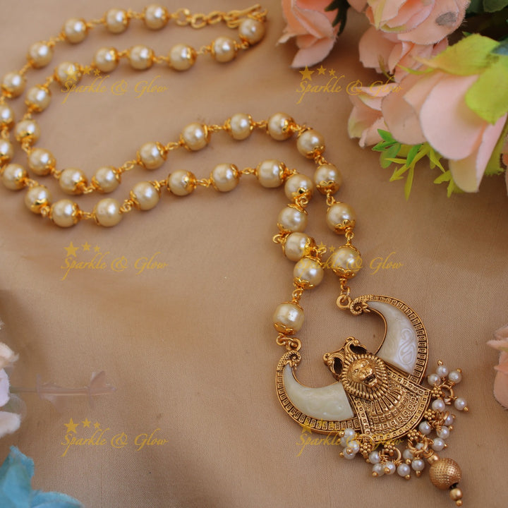 Exclusive Lion face carved double Puliguru pendent with pearl chain  - white small