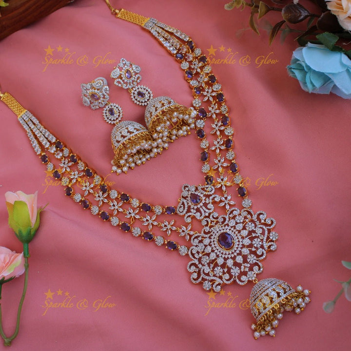 GJ Polish three layered floral AD necklace with beautiful jhumkas - Green - Sparkle and Glow - Green - Back Thread