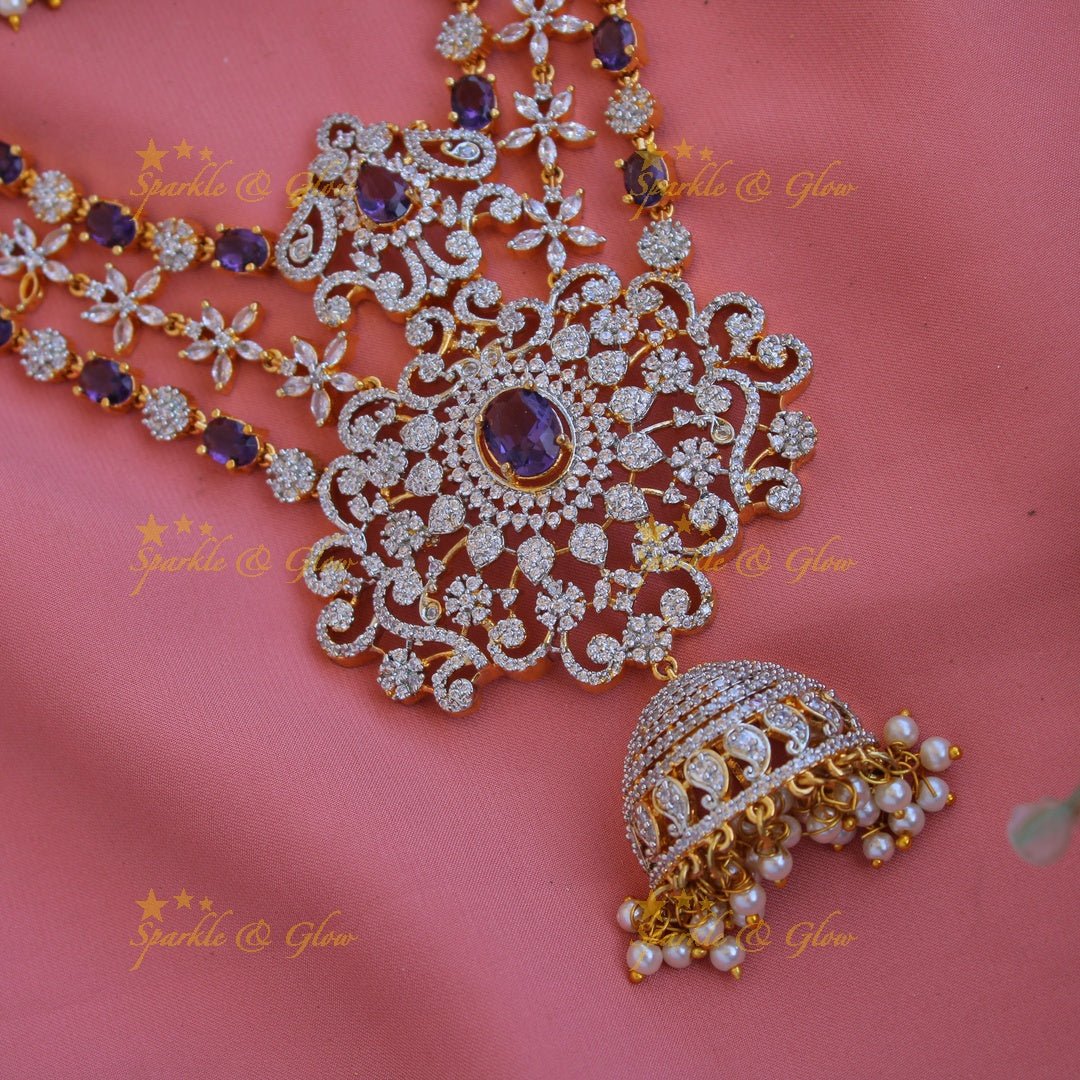 GJ Polish three layered floral AD necklace with beautiful jhumkas - Green - Sparkle and Glow - Green - Back Thread