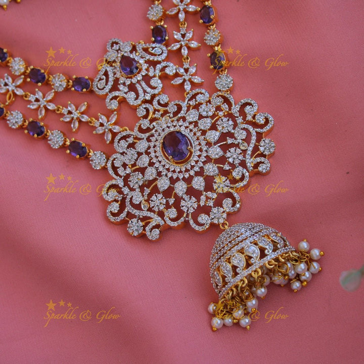 GJ Polish three layered floral AD necklace with beautiful jhumkas - Green - Sparkle and Glow - Green - Back Thread