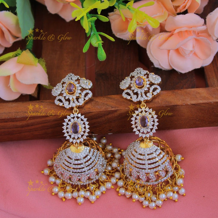 GJ Polish three layered floral AD necklace with beautiful jhumkas - Green - Sparkle and Glow - Purple - Back Thread