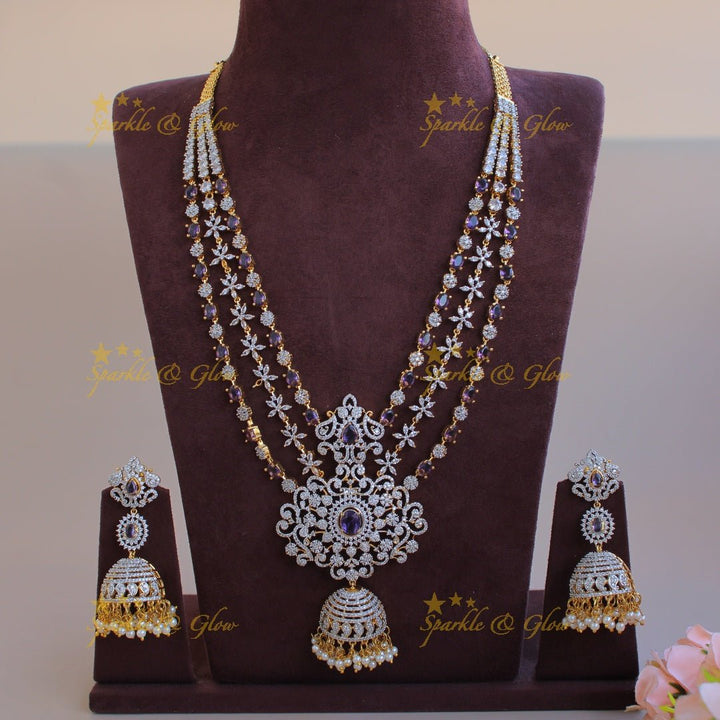 GJ Polish three layered floral AD necklace with beautiful jhumkas - Green - Sparkle and Glow - Green - Back Thread