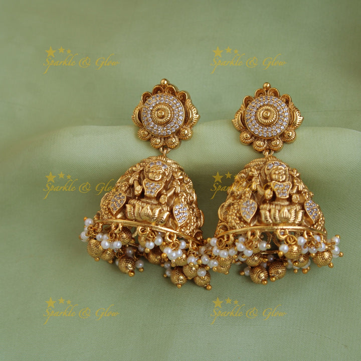 Stunning Lakshmi dancing peacock carved long necklace with CZ stones pearls and gold beads
