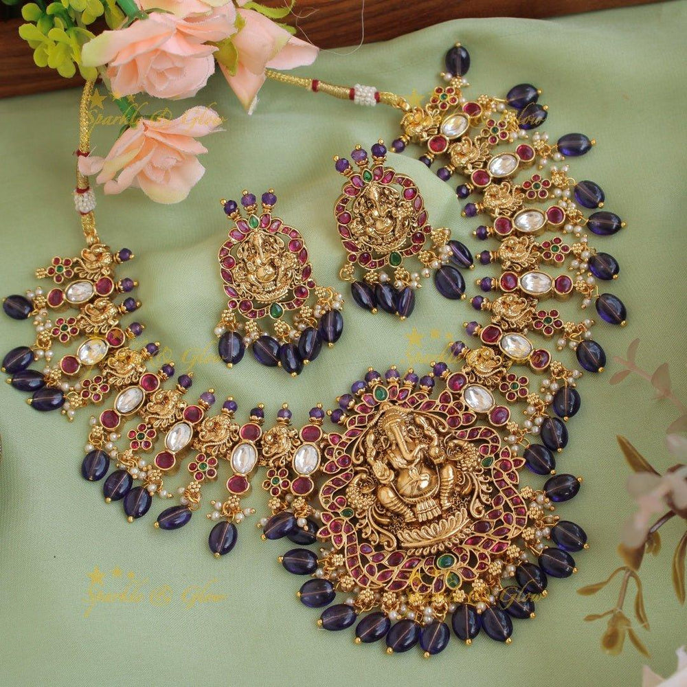 Beautiful Ganesha peacock carved kemp stone short necklace with white stones and mint green beads - Sparkle and Glow